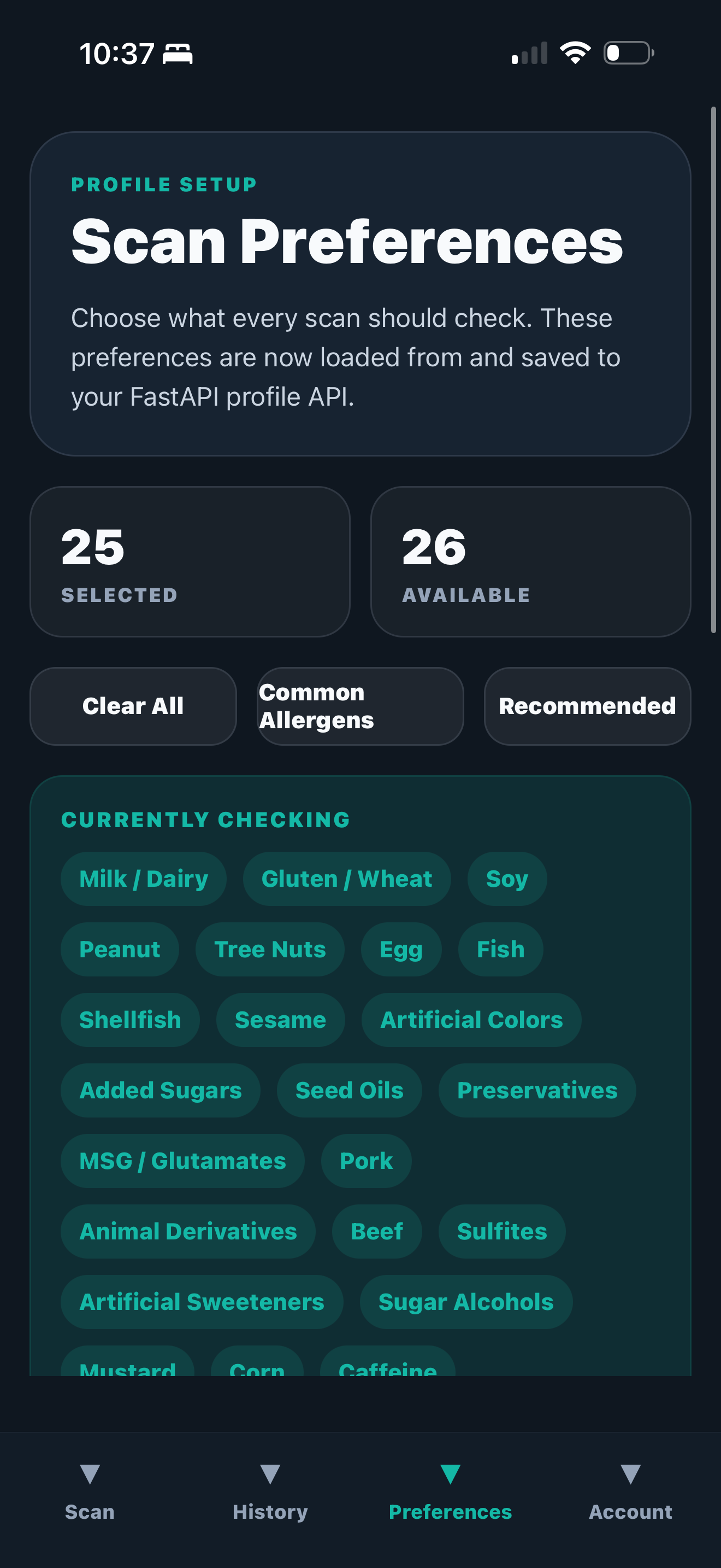 Food Checker iOS preferences screen showing selected ingredient rules.